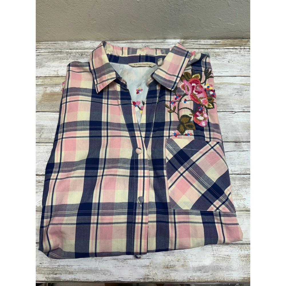 Soft Surroundings Plaid Embroidered Floral Back Button Down Shirt Women's Size L